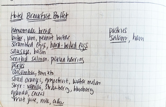 Snippet of Melissa Joulwan's Reykjavik travel journal with list of buffet foods